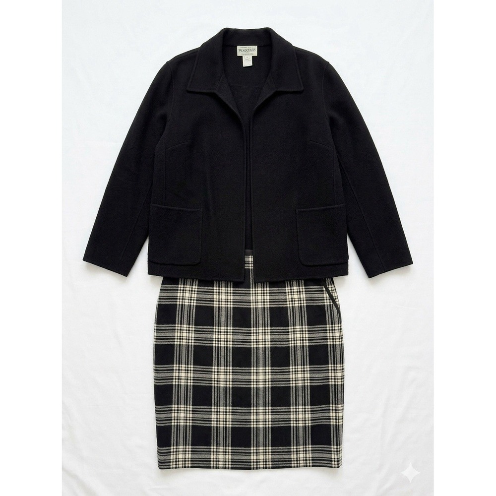 PENDLETON Vintage Wool Skirt Suit Set Womens XL 16 Black Plaid Blazer Jacket